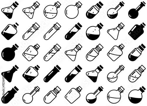 A Collection Of Game Asset Isolated Silhouette Solid Icons With Game,Medicine,Potion-Bottle,Potion,Bottle Vector Illustration Linear Pictogram Pack