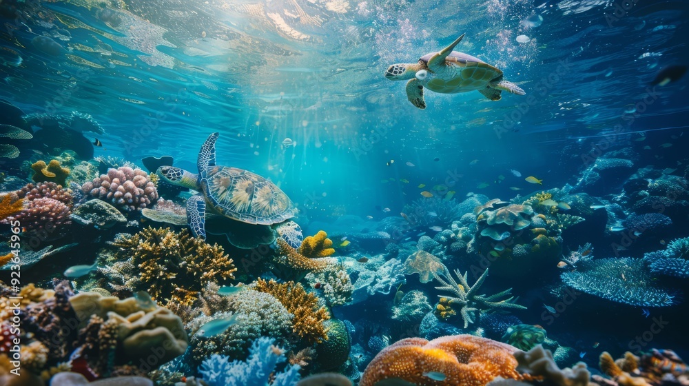 Fototapeta premium Stunning underwater scene with coral formations and sea turtles