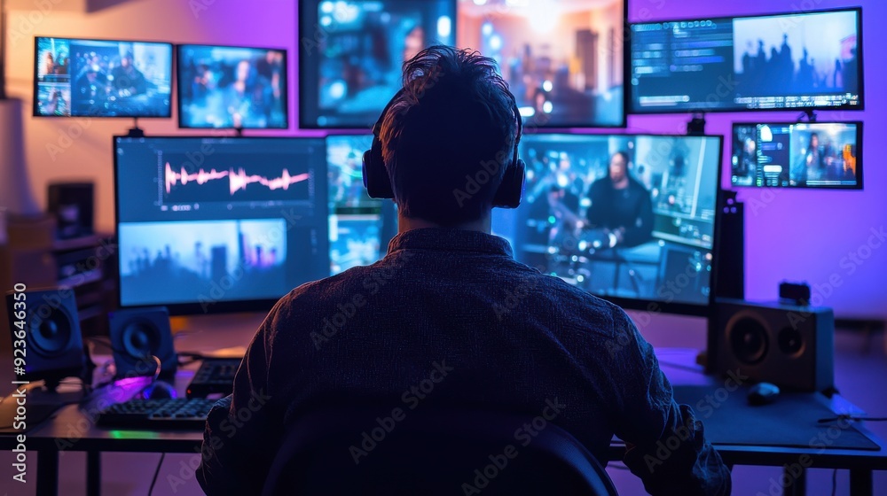 Modern Entertainment Hub - Person Watching Movie, Music, and Live Event on Multiple Monitors at Desk Modern Entertainment Hub - Person Watching Movie, Music, and Live Event on Multiple Monitors at Desk