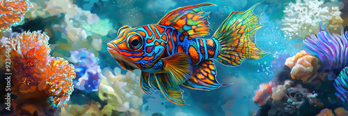 A colorful mandarin fish showcasing its vibrant hues swimming gracefully among corals and marine life in an underwater habitat, creating a stunning visual spectacle. photo