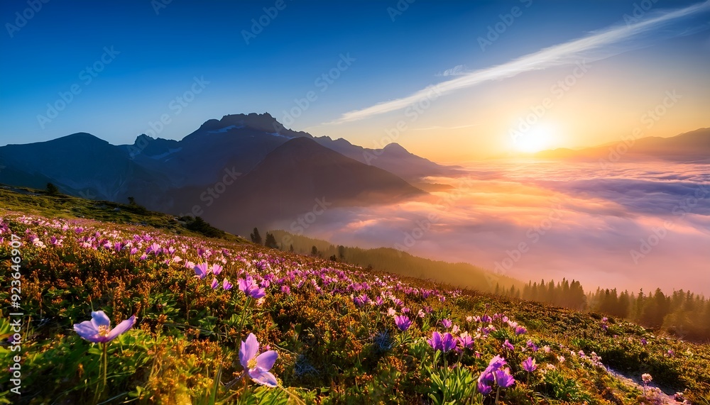 Obraz premium sunrise in the mountains with flowers 