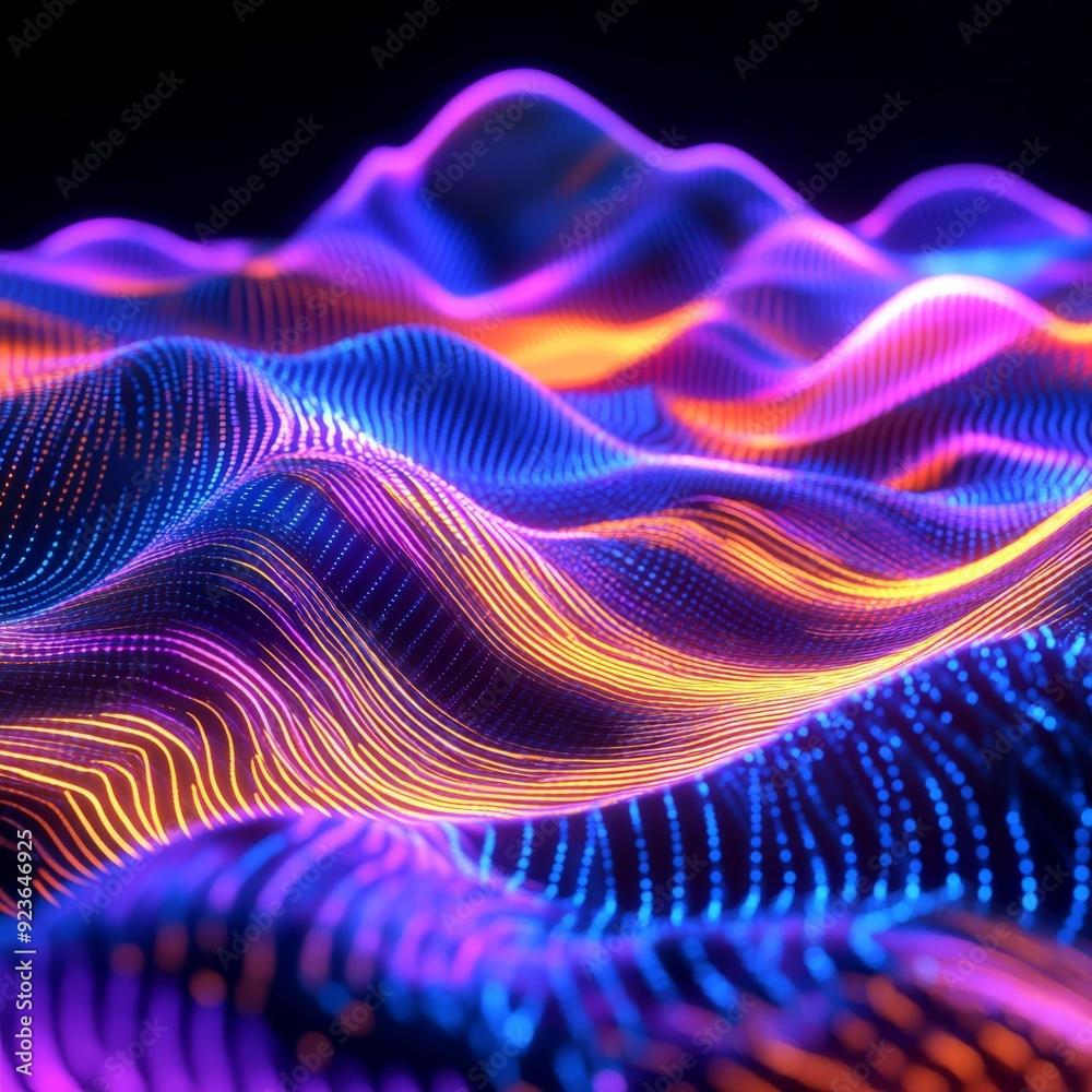 Vivid 3D illustration of glowing neon waves in vibrant colors, showcasing abstract technological landscape and futuristic digital art. Vivid 3D illustration of glowing neon waves in vibrant colors, showcasing abstract technological landscape and futuristic digital art.
