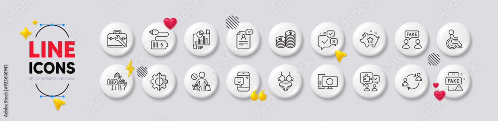 User communication, Fake news and Currency line icons. White buttons 3d icons. Pack of Battery, Smile, Bid offer icon. Lingerie, Stop shopping, Report document pictogram. Vector User communication, Fake news and Currency line icons. White buttons 3d icons. Pack of Battery, Smile, Bid offer icon. Lingerie, Stop shopping, Report document pictogram. Vector