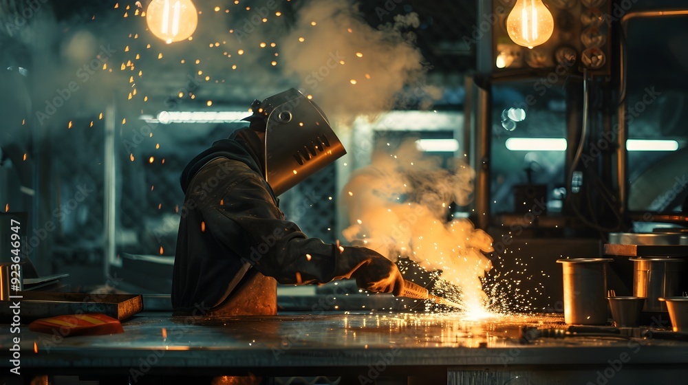 Welder Working on Metal with Sparks and Smoke. Welder Working on Metal with Sparks and Smoke.