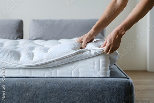 Hands adjust white mattress topper on gray bed, minimalist bedroom setting.