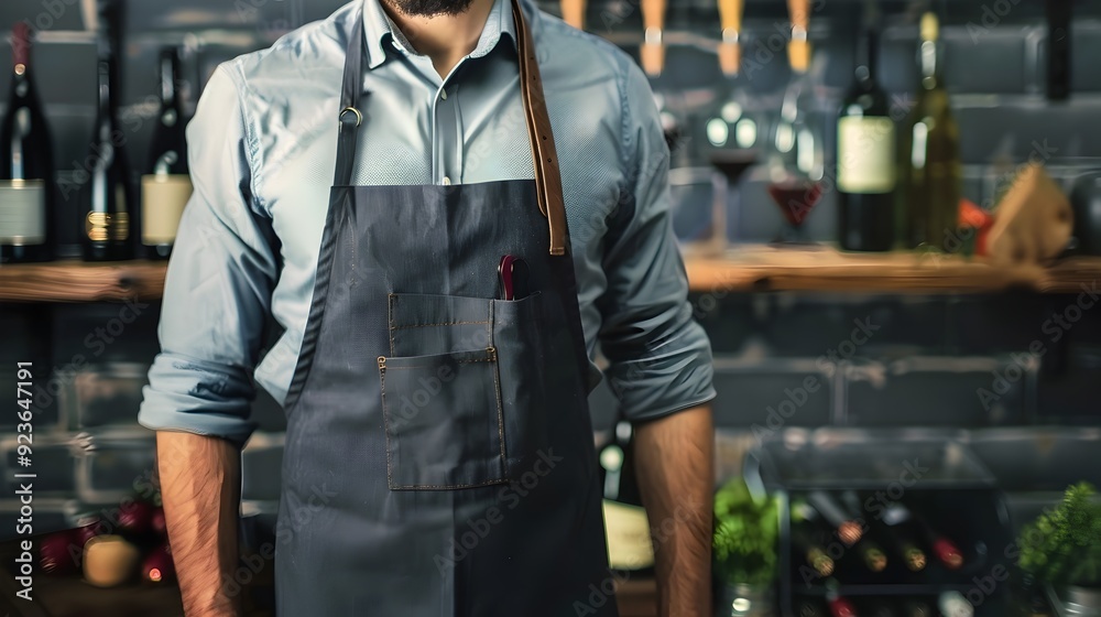 Bartender in Apron with Wine Bottles in Background. Bartender in Apron with Wine Bottles in Background.