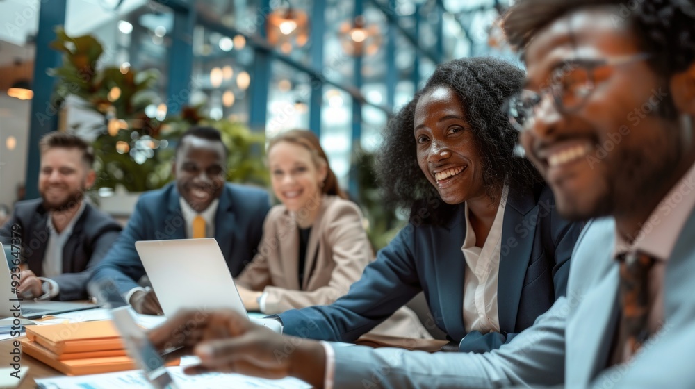 A diverse group of professionals smiles warmly while brainstorming together in a bright, contemporary workspace A diverse group of professionals smiles warmly while brainstorming together in a bright, contemporary workspace