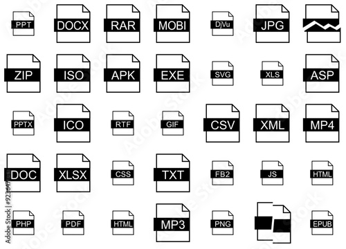 Mega Set Of Vector File Type Extensions Icons Web Header Banner Design Containing Format,File-Type,Extension,File-Format,File-Extension Solid Icon Collection. Vector Illustration