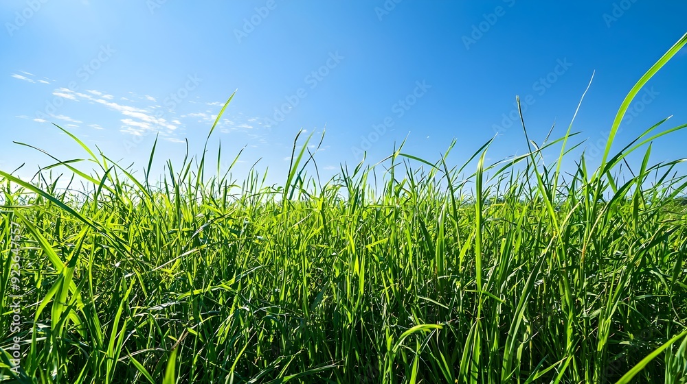 Fototapeta premium Serene Countryside Landscape with Lush Meadow and Clear Blue Sky