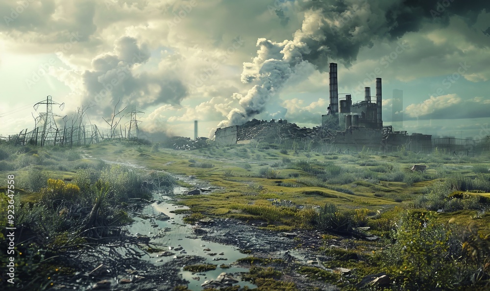 Toxic gases swirl over the ruined landscape, a haunting testament to ...