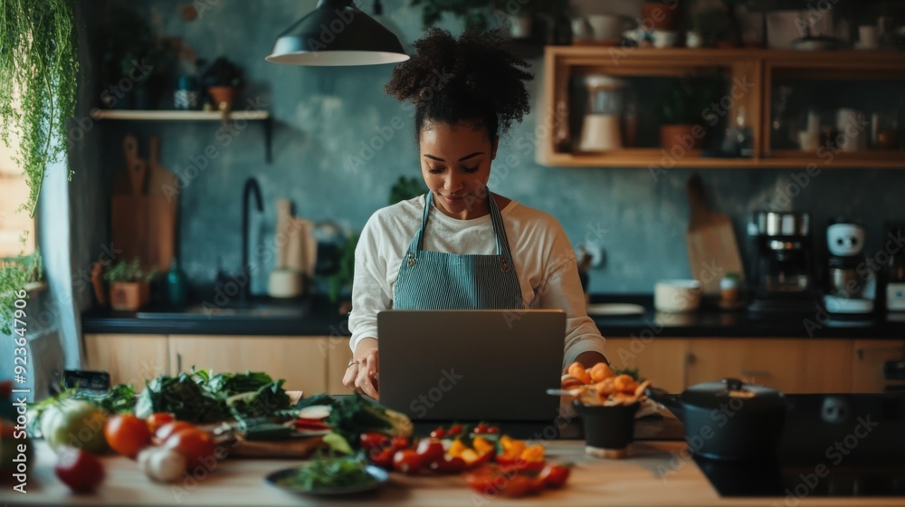Modern Cooking: Person Watching a Cooking Show on Laptop While Prepping Ingredients at Kitchen Island