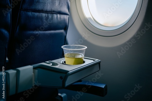 Airplane seat with cup holder containing clear plastic cup and yellowish liquid.