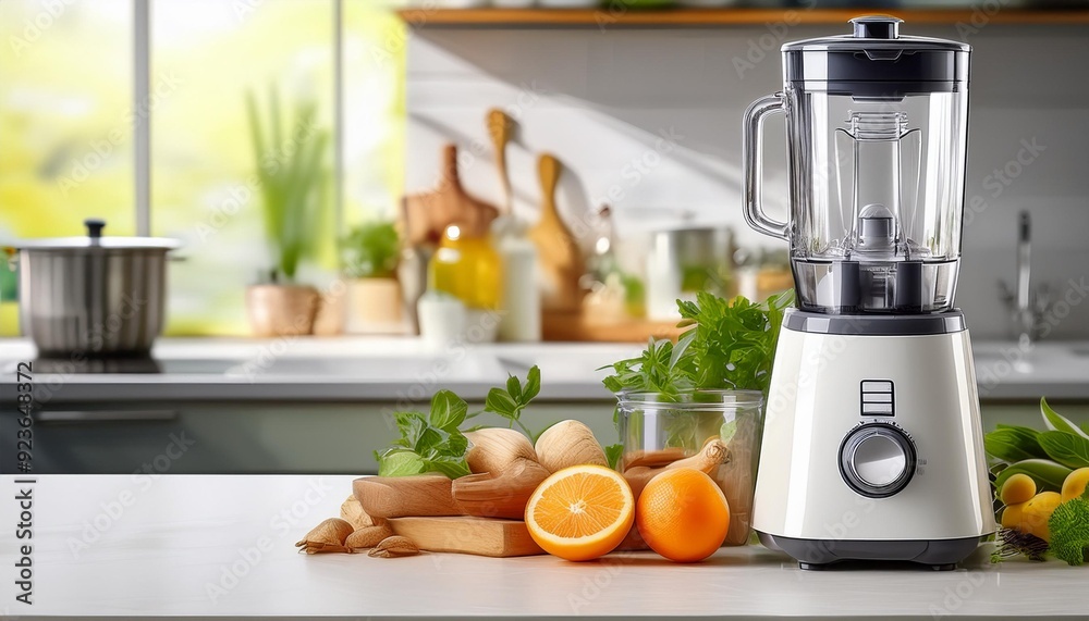 Food Processor Focus on a food processor with ingredients, with a bright kitchen background, empty space left for text Food Processor Focus on a food processor with ingredients, with a bright kitchen background, empty space left for text