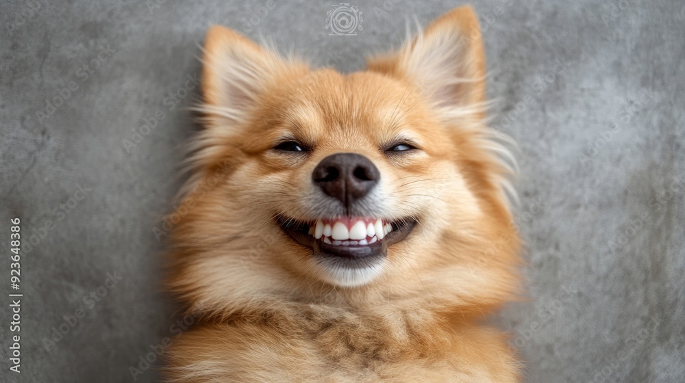 Happy dog with a funny expression lies on a grey background, smiling and showing its teeth, exuding joy and happiness Happy dog with a funny expression lies on a grey background, smiling and showing its teeth, exuding joy and happiness