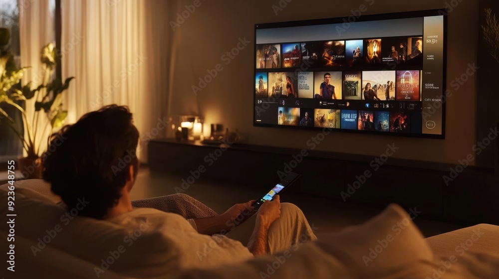 Cozy Evening at Home - Person Relaxing on Couch with Remote Watching Streaming Service on Flat-Screen TV Cozy Evening at Home - Person Relaxing on Couch with Remote Watching Streaming Service on Flat-Screen TV