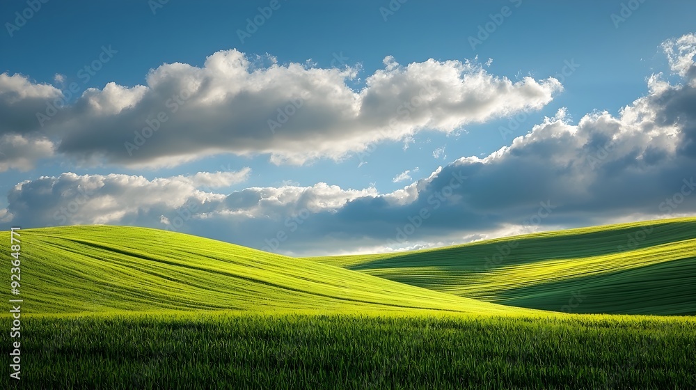 Fototapeta premium Expansive Green Fields Under a Tranquil,Cloud-Dotted Sky
