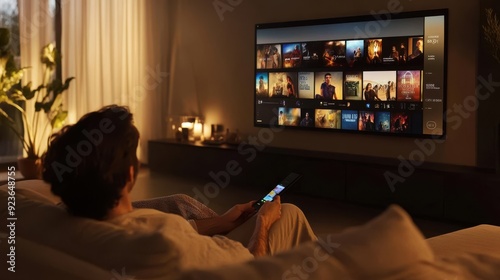 Cozy Evening at Home - Person Relaxing on Couch with Remote Watching Streaming Service on Flat-Screen TV