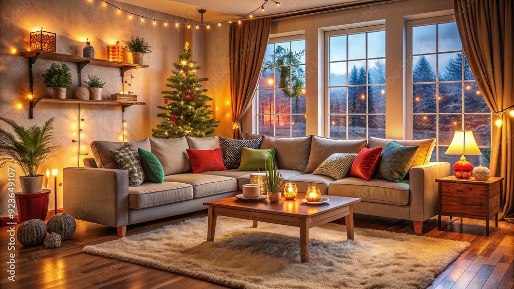 Cozy living room with plush couch, warm lighting, and colorful decorations, evoking a sense of comfort and joy in a peaceful domestic atmosphere. Cozy living room with plush couch, warm lighting, and colorful decorations, evoking a sense of comfort and joy in a peaceful domestic atmosphere.