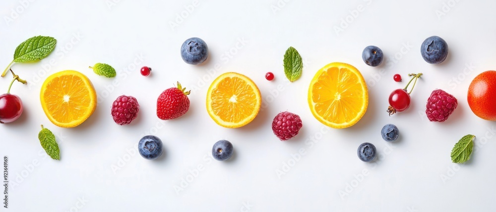 Colorful Fruit and Berries Arranged in a Line on White Background Colorful Fruit and Berries Arranged in a Line on White Background