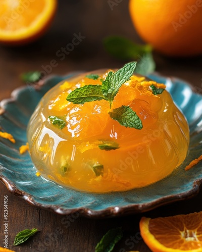 Refreshing orange gelatin dessert with mint garnish photo
