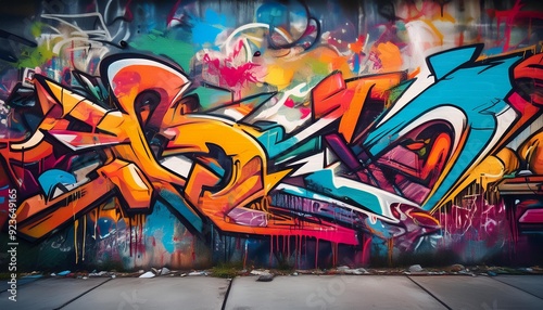 Graffiti Art Collage Focus on a collage of different graffiti styles with vibrant colors with a concrete wall background