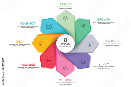 Petal Shape Infographic Template With 8 Options, Steps, Parts, Segments. Business concept. Marketing Infographic Vector Illustration.
