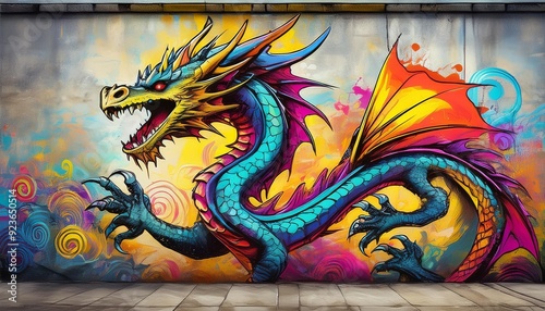 Graffiti dragon illustration art on a concrete wall background with psychedelic style
