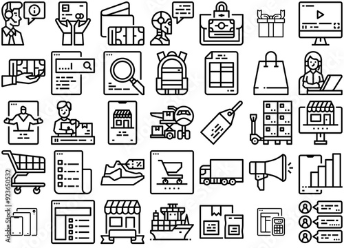 Set Of E Commerce Outline Icon Set Vector Symbols Apps, Websites Ui Designs Suitable For Shopping,Advertisement,List,Logistic,Web Set Vector Flat Line Icons