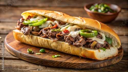 Classic Philly cheesesteak sandwich served in a toasted hoagie roll, Philly, cheesesteak, sandwich