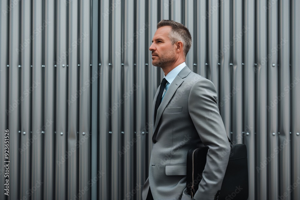 A man in a suit and tie stands in front of a wall. He is holding a briefcase and he is waiting for someone. Concept of professionalism and formality, as the man is dressed in a suit A man in a suit and tie stands in front of a wall. He is holding a briefcase and he is waiting for someone. Concept of professionalism and formality, as the man is dressed in a suit