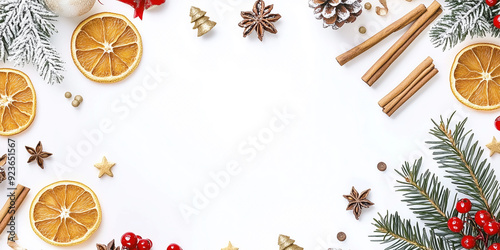 Wallpaper Mural Flat lay of Christmas-themed decorations arranged on a white background, including dried orange slices, cinnamon sticks, frosted pine branches, star anise, red berries, and a wrapped gift with twine.  Torontodigital.ca