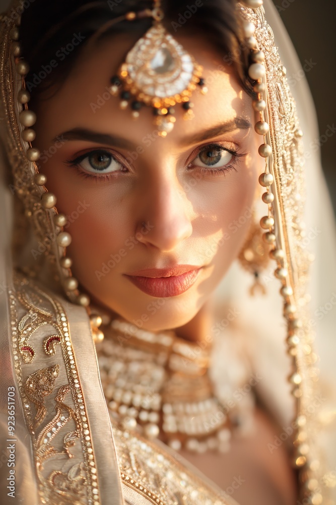 A woman wearing a gold and white outfit with a gold and white headpiece A woman wearing a gold and white outfit with a gold and white headpiece