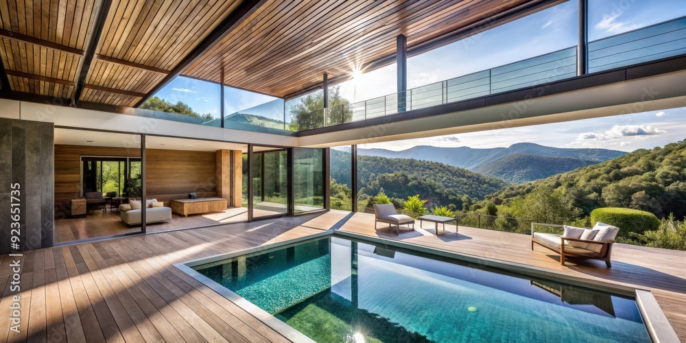 Fototapeta premium Modern architecture with a view of wooded hills, large windows, and a pool in a Southern France home