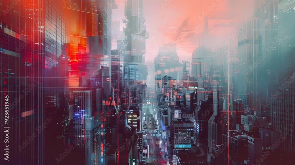 A surreal cityscape where the buildings and streets are melting and shifting, with keyframes colliding and merging into one another, creating a chaotic and glitchy urban environment A surreal cityscape where the buildings and streets are melting and shifting, with keyframes colliding and merging into one another, creating a chaotic and glitchy urban environment