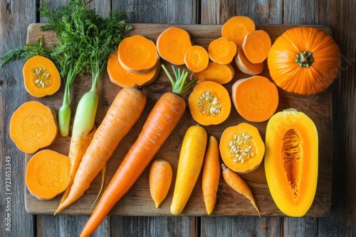 Assortment of Orange Vegetables on a Wooden Cutting Board