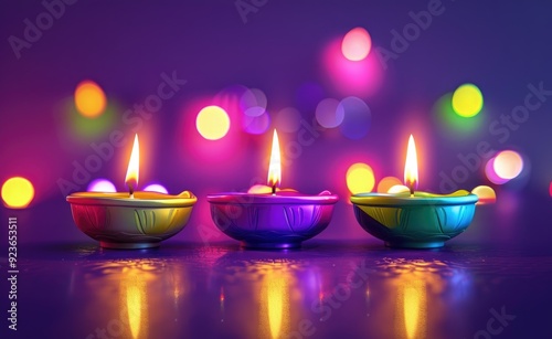 A festive display of colorful clay oil lamps, or diya, lit during the Hindu festival Diwali. photo