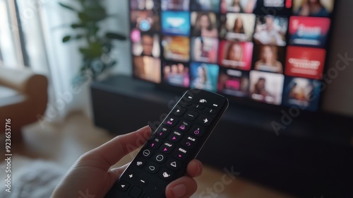 Entertainment Choice - Person Selecting Movie on Smart TV with Remote Control