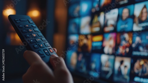 Choosing a Movie to Stream - Person Using Smart Remote Control on Television Screen with Wide Selection of Films in Streaming Service
