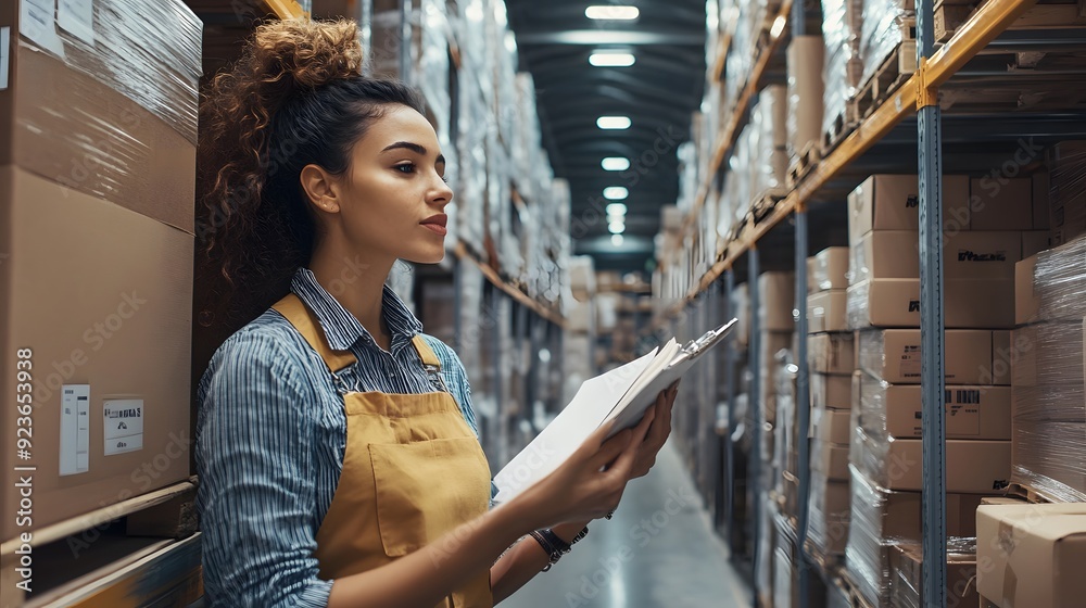 Fototapeta premium A female worker with a clipboard stands near a warehouse shelf filled with cardboard boxe