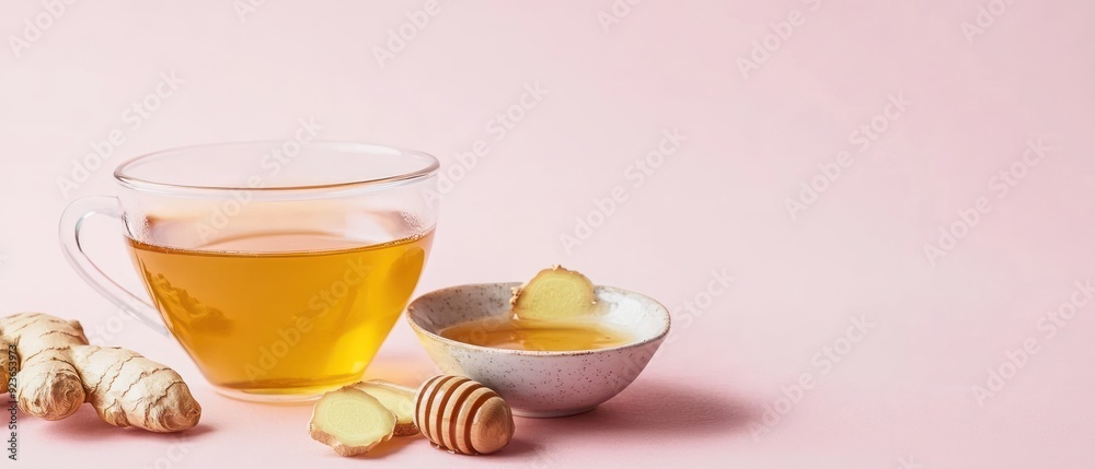 Ginger Tea with Honey and Ginger Slices on a Pink Background Ginger Tea with Honey and Ginger Slices on a Pink Background