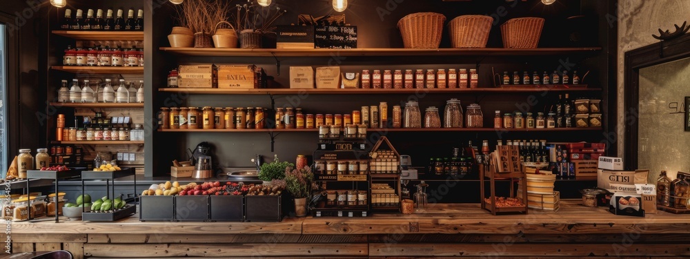 Cozy boutique grocery store interior with wooden shelves and organic products Cozy boutique grocery store interior with wooden shelves and organic products