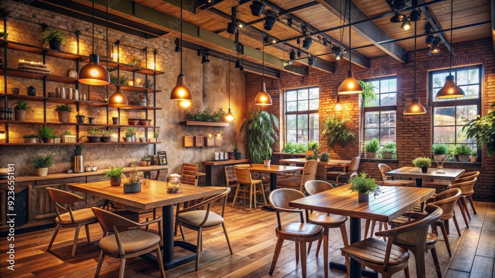 Cozy cafe interior with warm lighting and rustic decor, cafe, coffee shop, interior, cozy, warm lighting, rustic, decor Cozy cafe interior with warm lighting and rustic decor, cafe, coffee shop, interior, cozy, warm lighting, rustic, decor