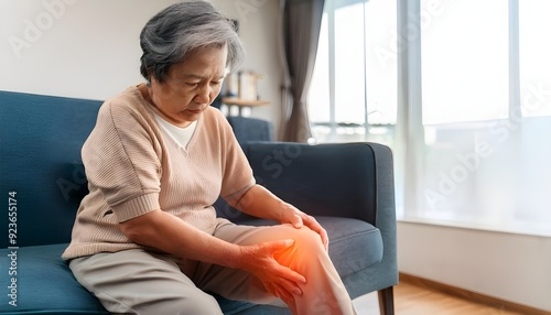 Asian senior man or woman having the joint pain at home photo