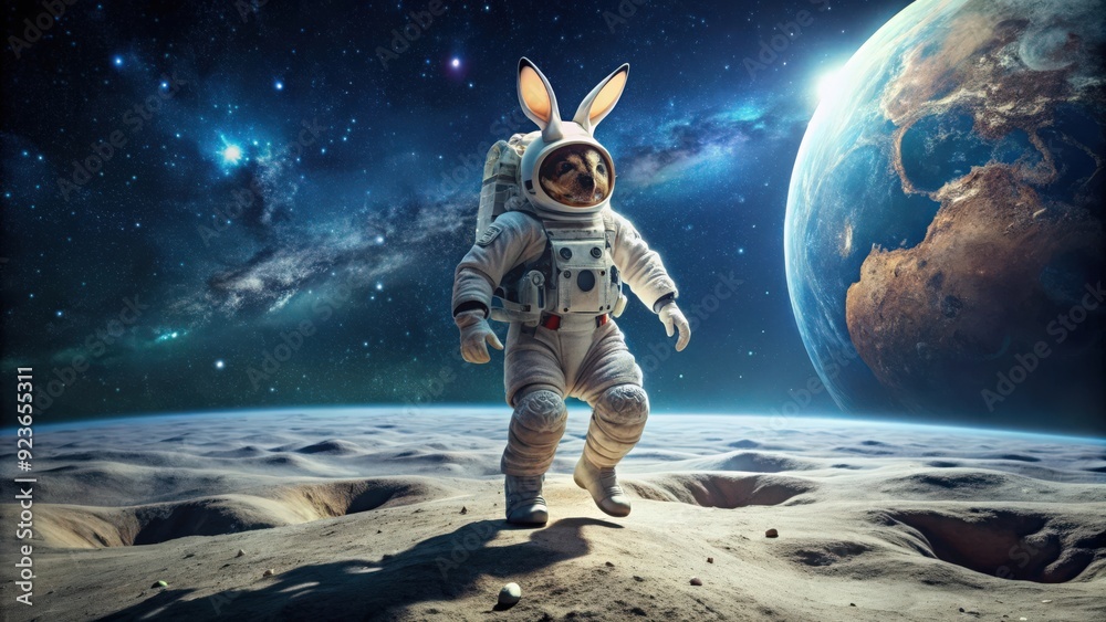 Obraz premium Rabbit in a spacesuit landing on the moon , space exploration, astronaut, cute, whimsical, lunar landing