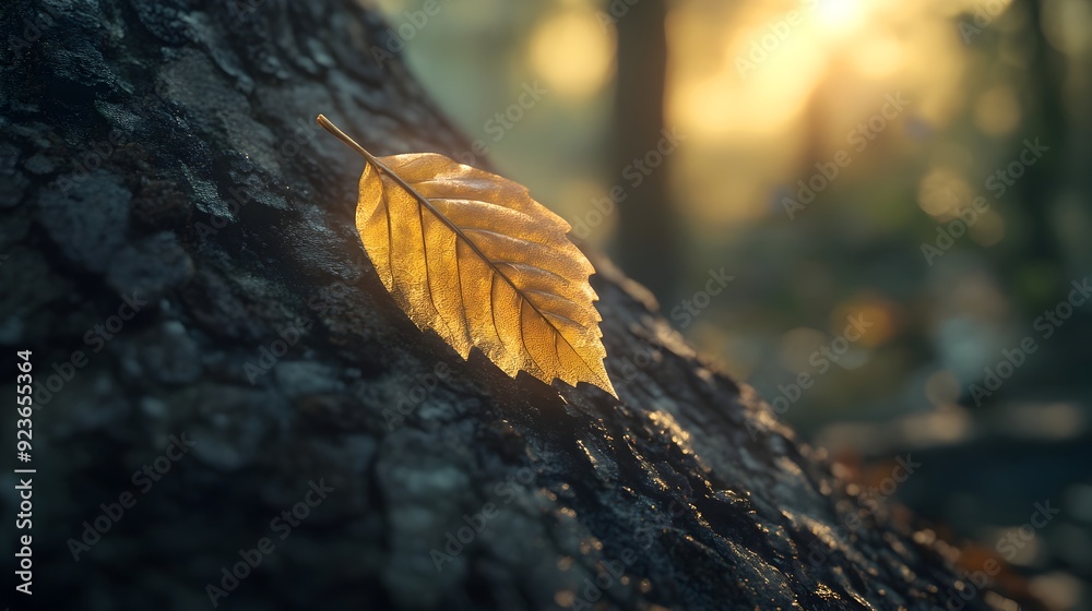 Glowing Autumn Leaf on Textured Tree Bark in Warm Sunlight Glowing Autumn Leaf on Textured Tree Bark in Warm Sunlight