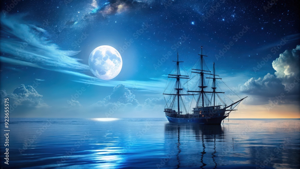 Ship illuminated by moonlight on a tranquil night at sea , night, ship, boat, ocean, water, moonlight, illuminated, peaceful Ship illuminated by moonlight on a tranquil night at sea , night, ship, boat, ocean, water, moonlight, illuminated, peaceful