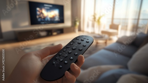 Controlling Entertainment - Close-Up of Hand Holding Remote Control Pausing Movie on Smart TV in Cozy Living Room