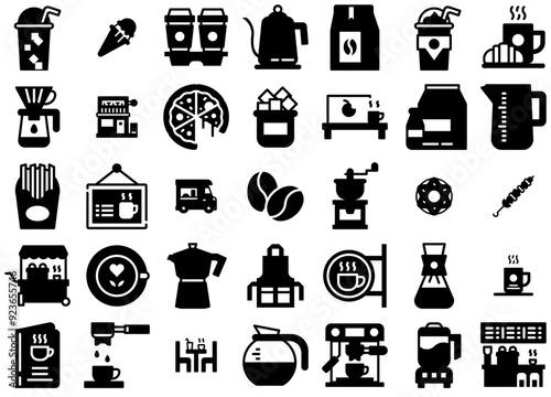 Set Of Coffee Shop Icons Collection Isolated Silhouette Solid Icons Including Pot,Drink,Kettle,Coffee,Food Simple Black Style Symbol Sign For Apps And Website, Vector Illustration