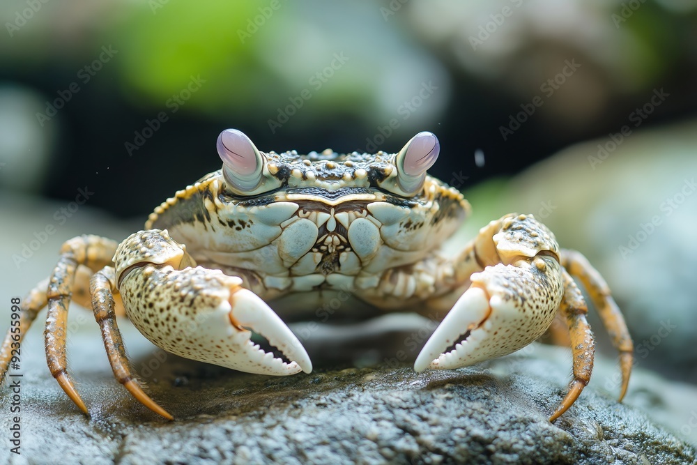 A close-up image of a crab with prominent pincers, showcasing detailed textures and patterns in its natural habitat setting. A close-up image of a crab with prominent pincers, showcasing detailed textures and patterns in its natural habitat setting.
