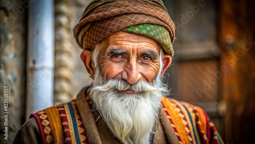 Dignified mature gentleman with graying beard and traditional attire, proudly showcasing cultural heritage with warmth and kindness in his eyes.